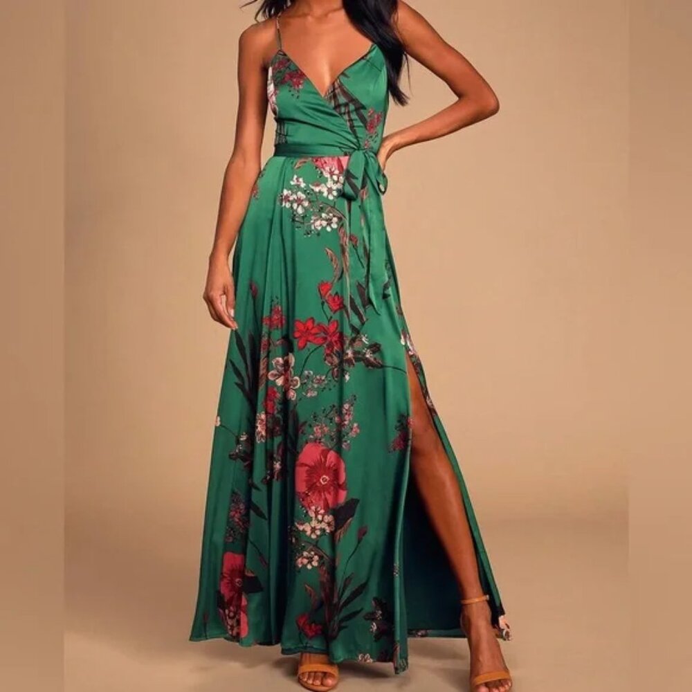 Lulus - Still The One Emerald Green Floral Print Satin Maxi Dress - S - NWT